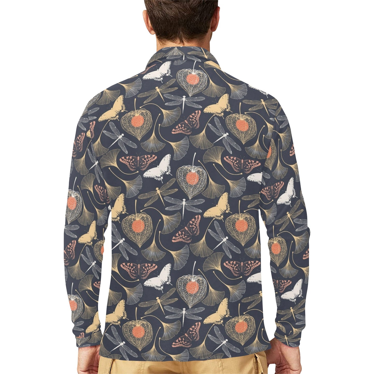 Dragonfly Print Design LKS404 Long Sleeve Polo Shirt For Men's