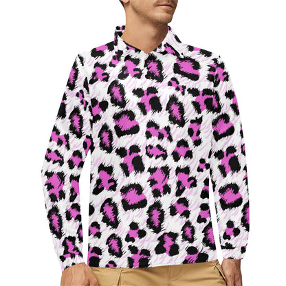 Leopard Pink Skin Print Long Sleeve Polo Shirt For Men's