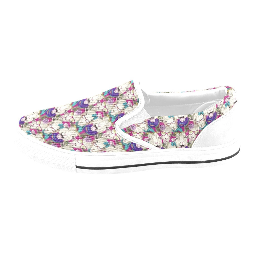 Sheep Print Design LKS403 White Slip Ons Canvas Women's Shoes