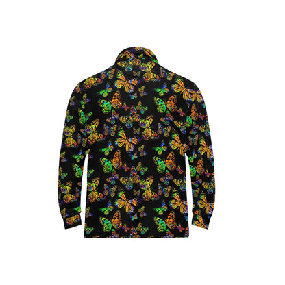 Butterfly Neon Color Print Pattern Long Sleeve Polo Shirt For Men's
