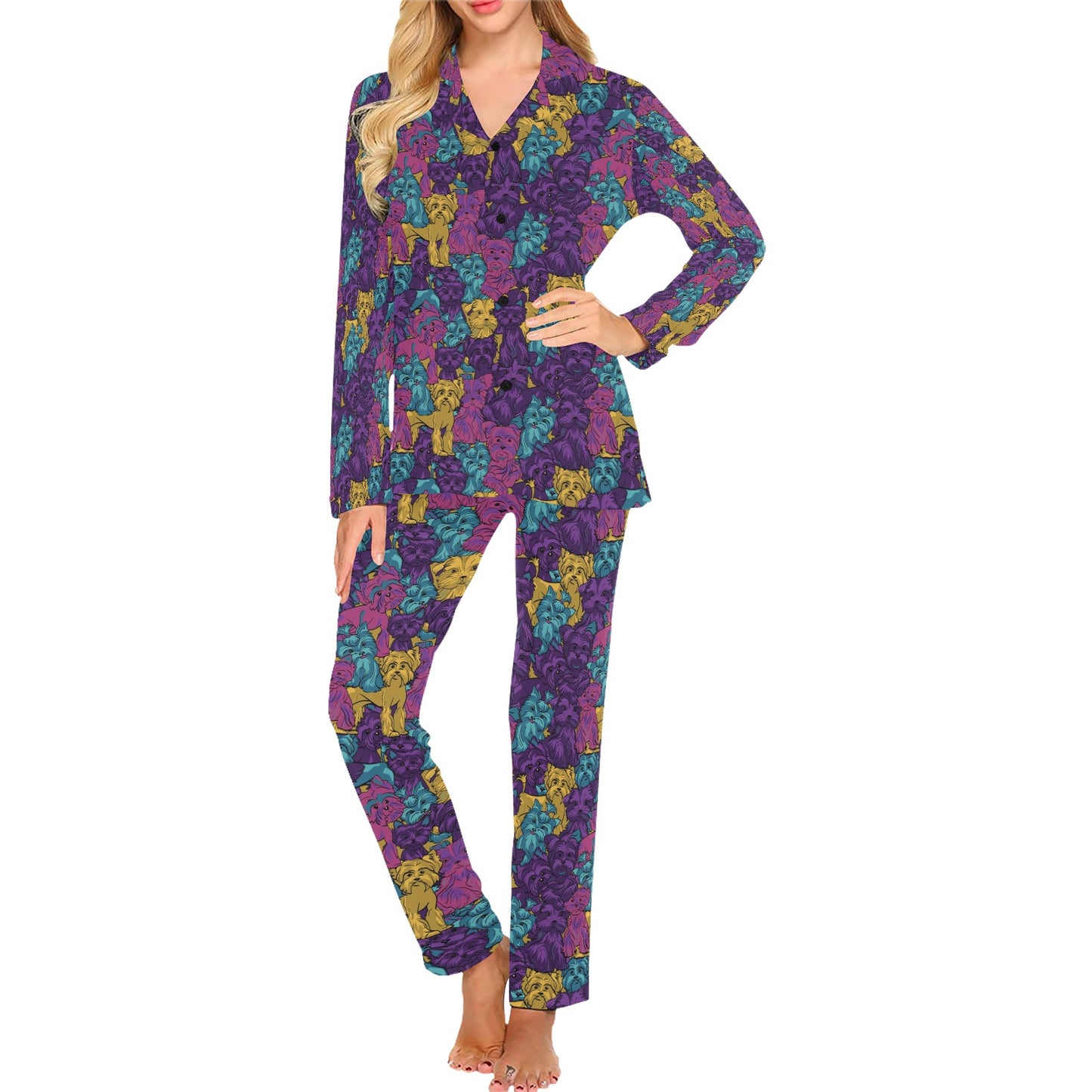 Yorkshire Terriers Print Design LKS3010 Women's Long Pajama Set