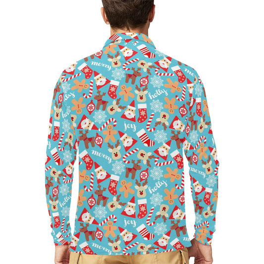 Santa Christmas Themed Print Design LKS306 Long Sleeve Polo Shirt For Men's