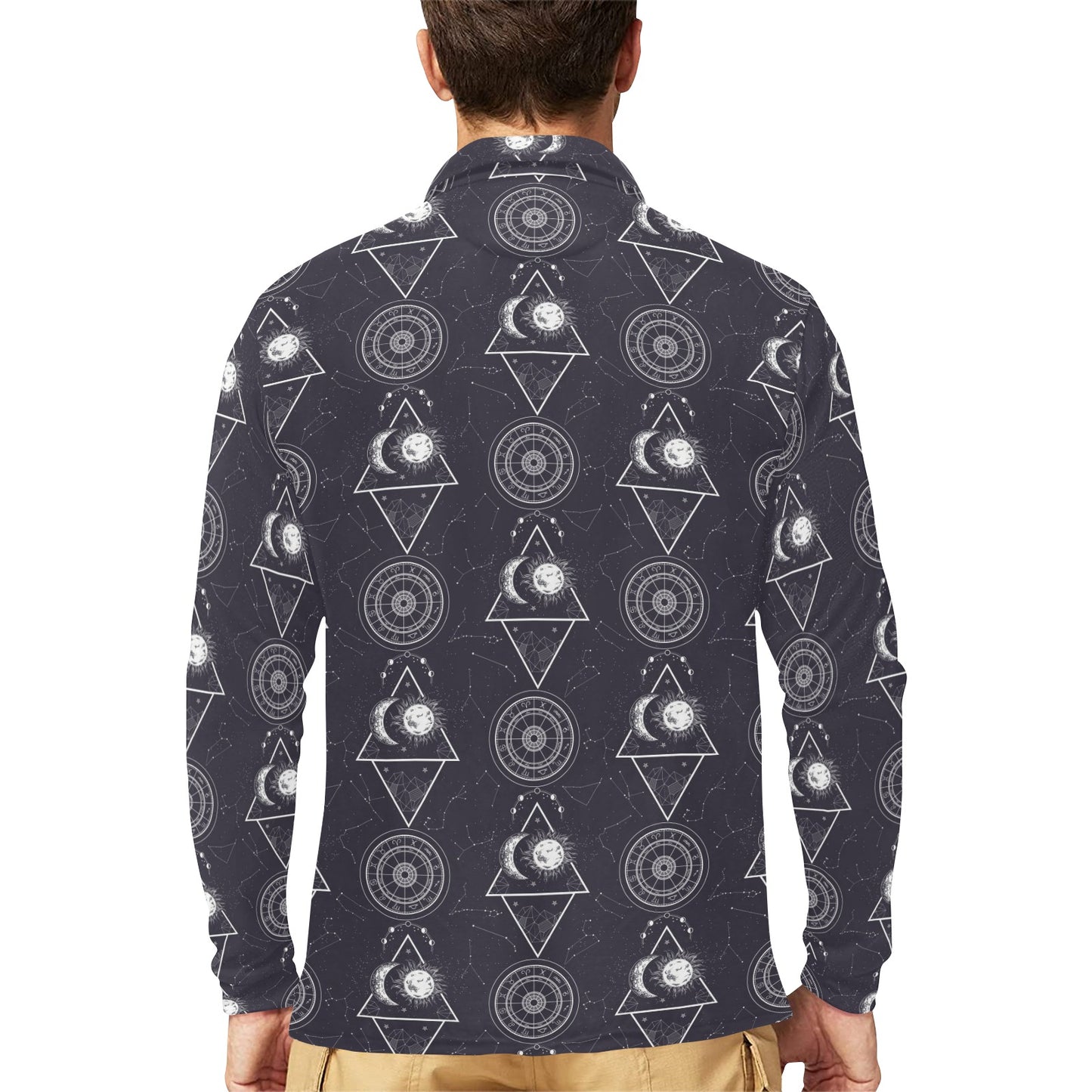 Sun Moon Print Design LKS309 Long Sleeve Polo Shirt For Men's