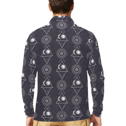Sun Moon Print Design LKS309 Long Sleeve Polo Shirt For Men's