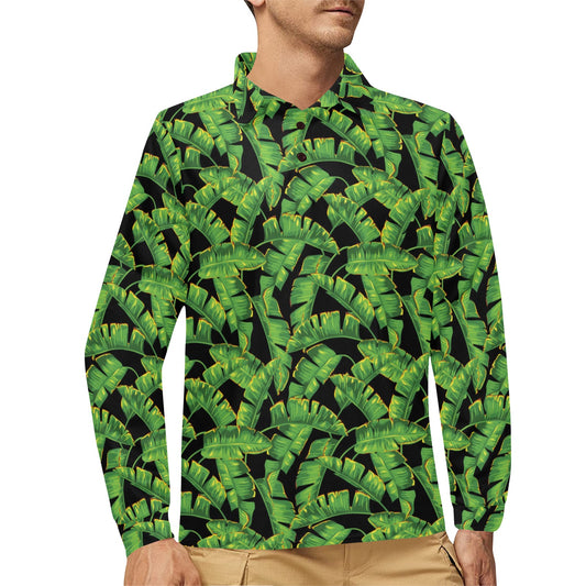 Banana Leaf Pattern Print Design 03 Long Sleeve Polo Shirt For Men's