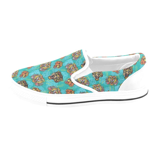 Tattoo Tiger Head Print Design LKS304 White Slip Ons Canvas Women's Shoes