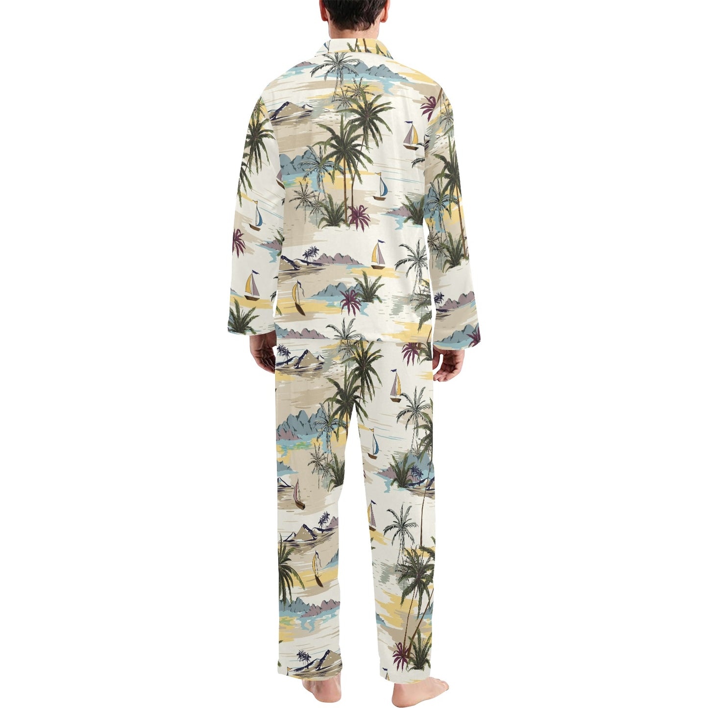 Palm Tree Beach Print Men's Long Pajama Set