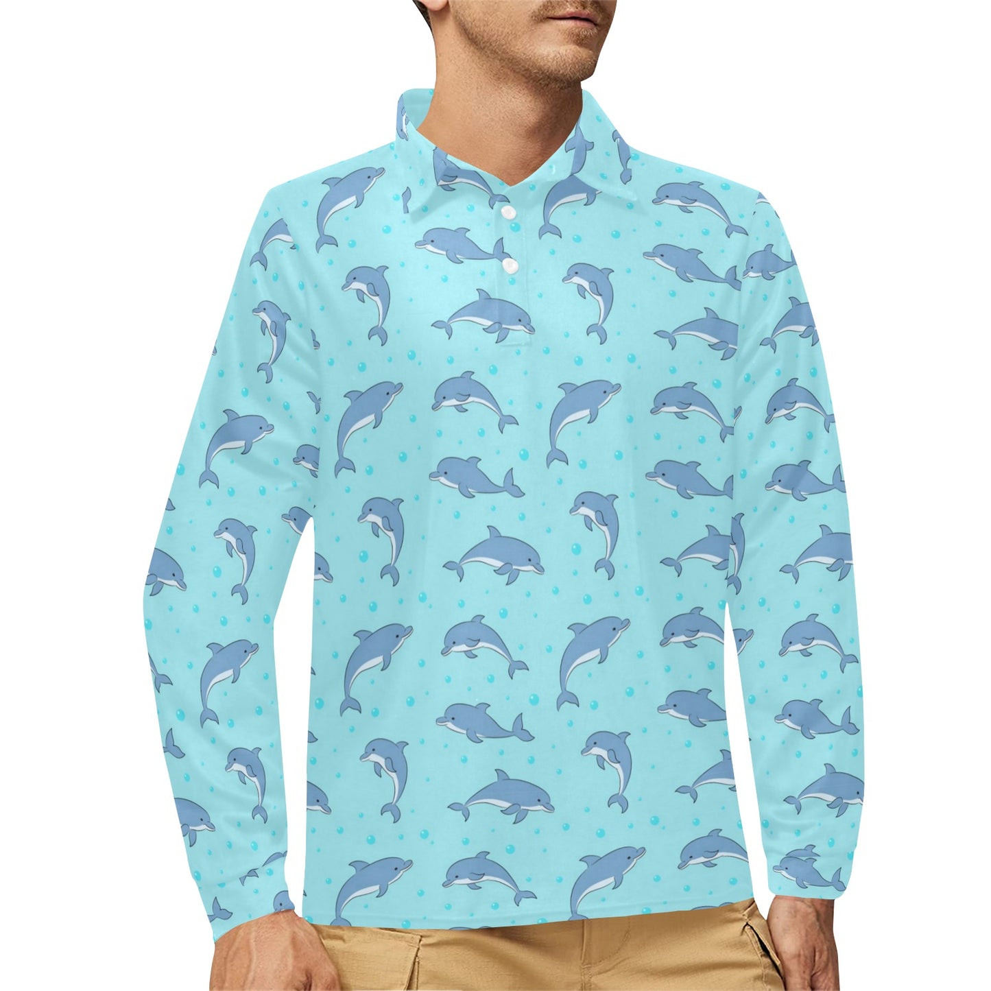 Dolphin Baby Cute Print Pattern Long Sleeve Polo Shirt For Men's