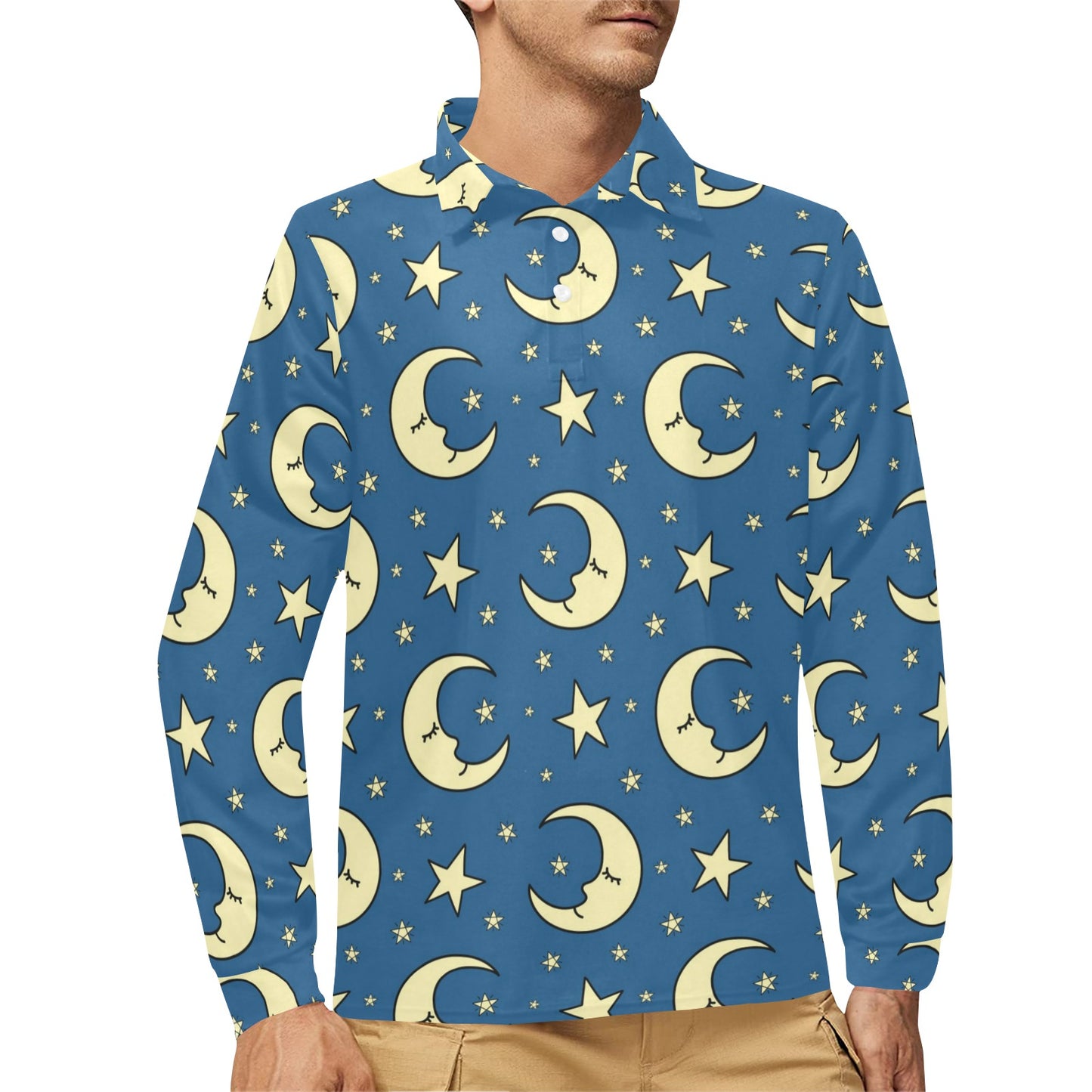 Moon Night Pattern Print Design 03 Long Sleeve Polo Shirt For Men's