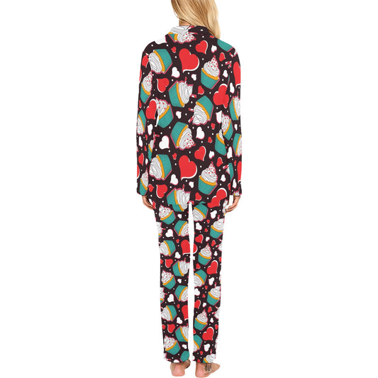Cupcakes Heart Print Pattern Women's Long Pajama Set