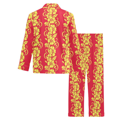 Orange Hibiscus Pattern Print Design HB018 Men's Long Pajama Set