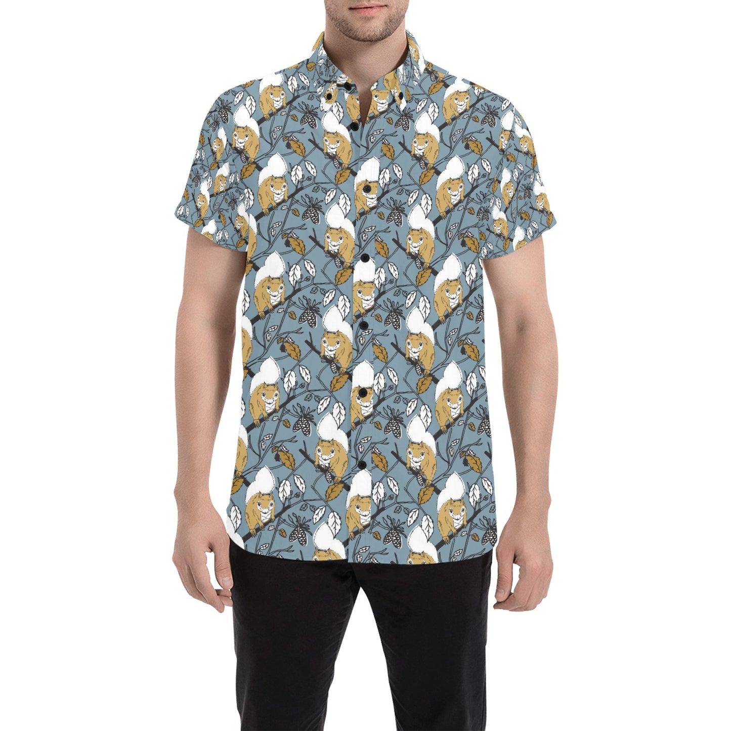 Squirrel Print Design LKS305 Men Short Sleeve Button Up Shirt