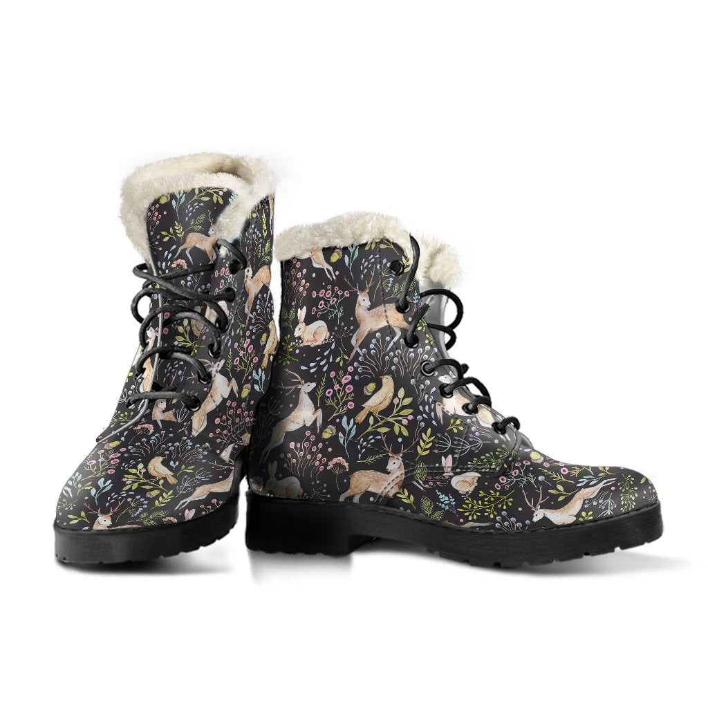 Deer Floral Jungle Faux Fur Leather Boots-JTAMIGO.COM