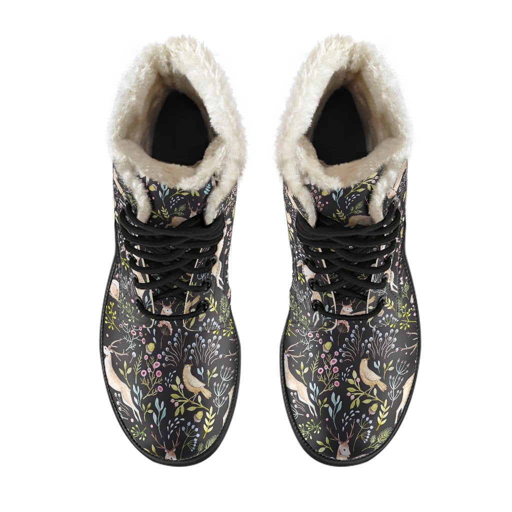 Deer Floral Jungle Faux Fur Leather Boots-JTAMIGO.COM