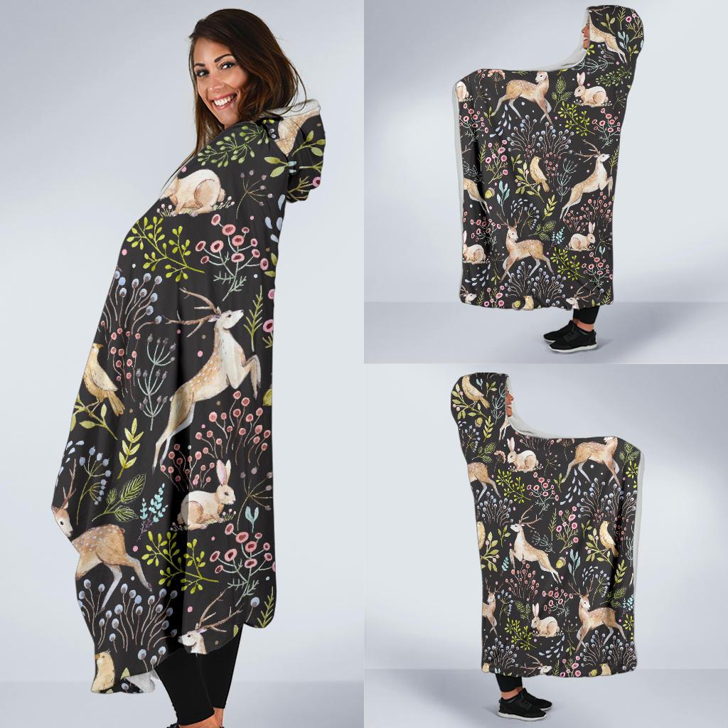Deer Floral Jungle Hooded Blanket-JTAMIGO.COM