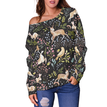 Deer Floral Jungle Off Shoulder Sweatshirt