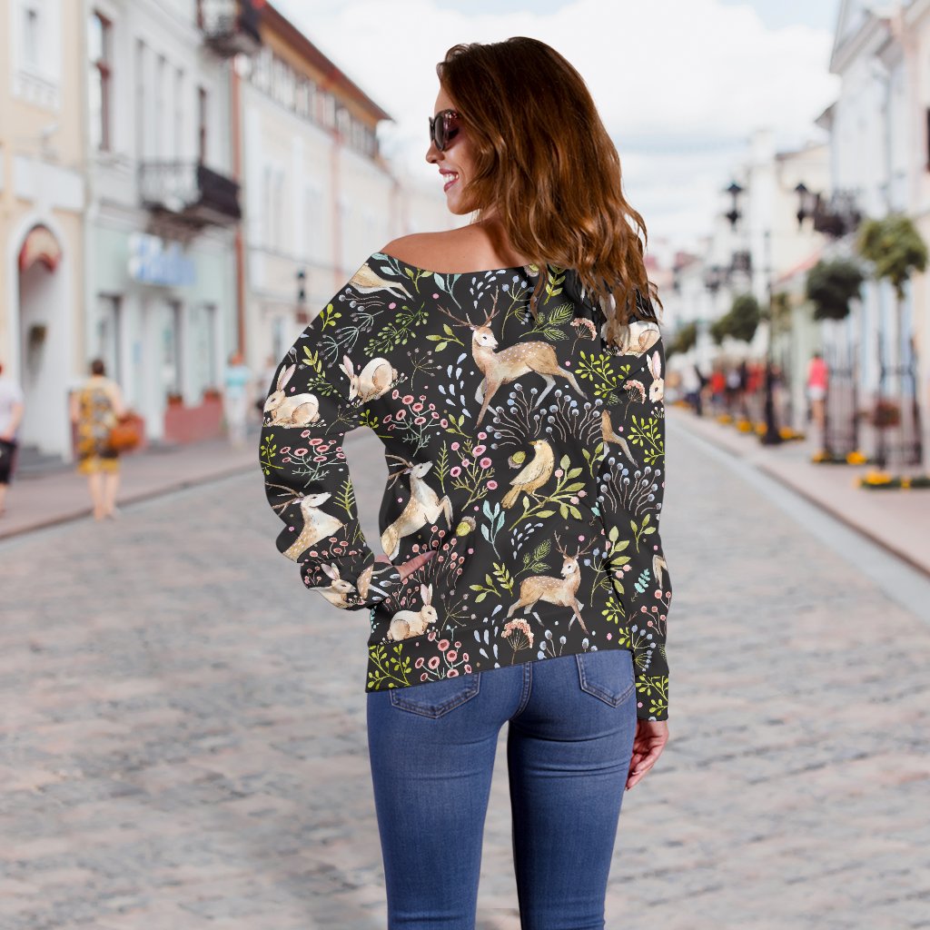 Deer Floral Jungle Off Shoulder Sweatshirt