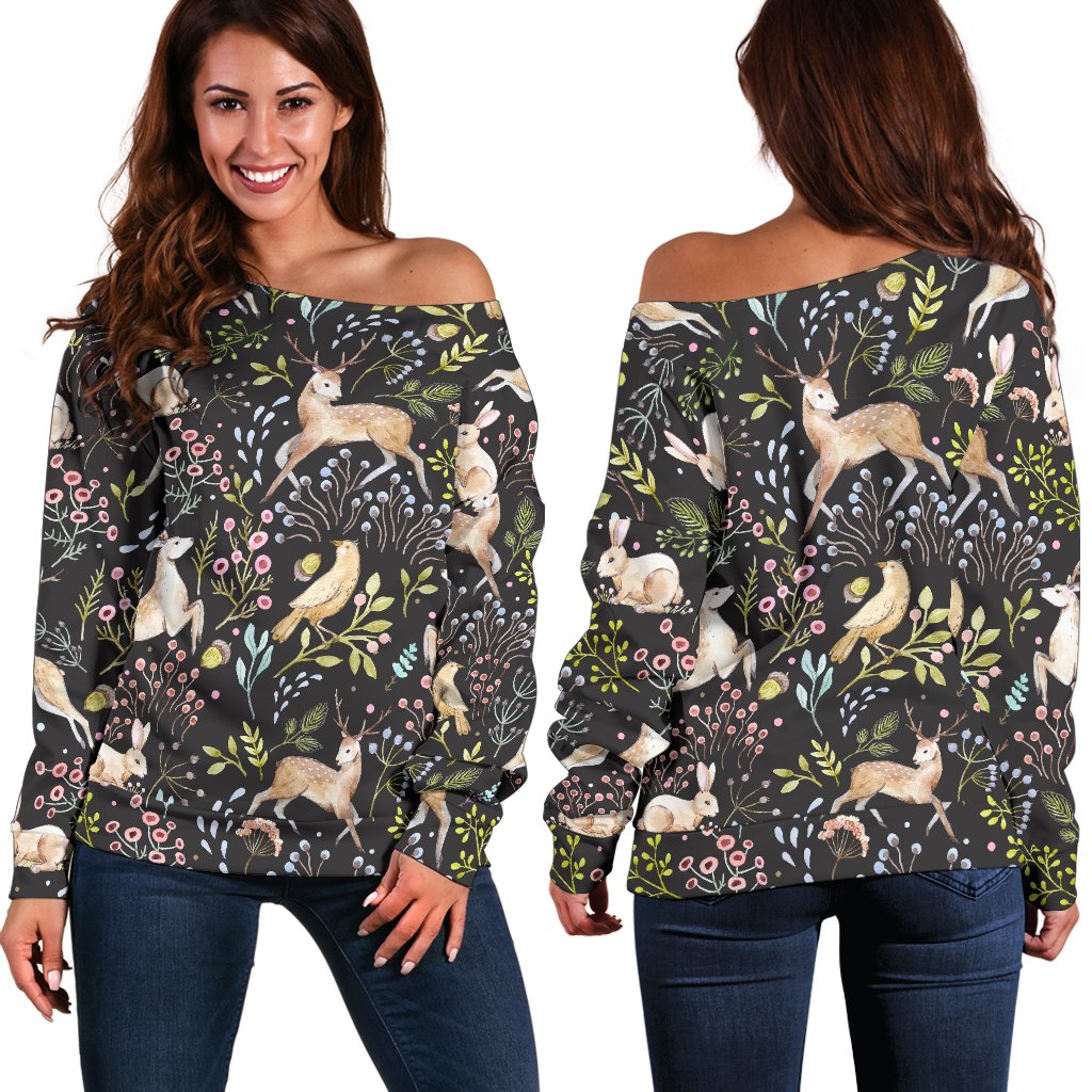 Deer Floral Jungle Off Shoulder Sweatshirt