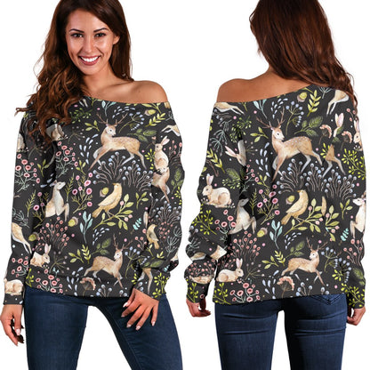 Deer Floral Jungle Off Shoulder Sweatshirt