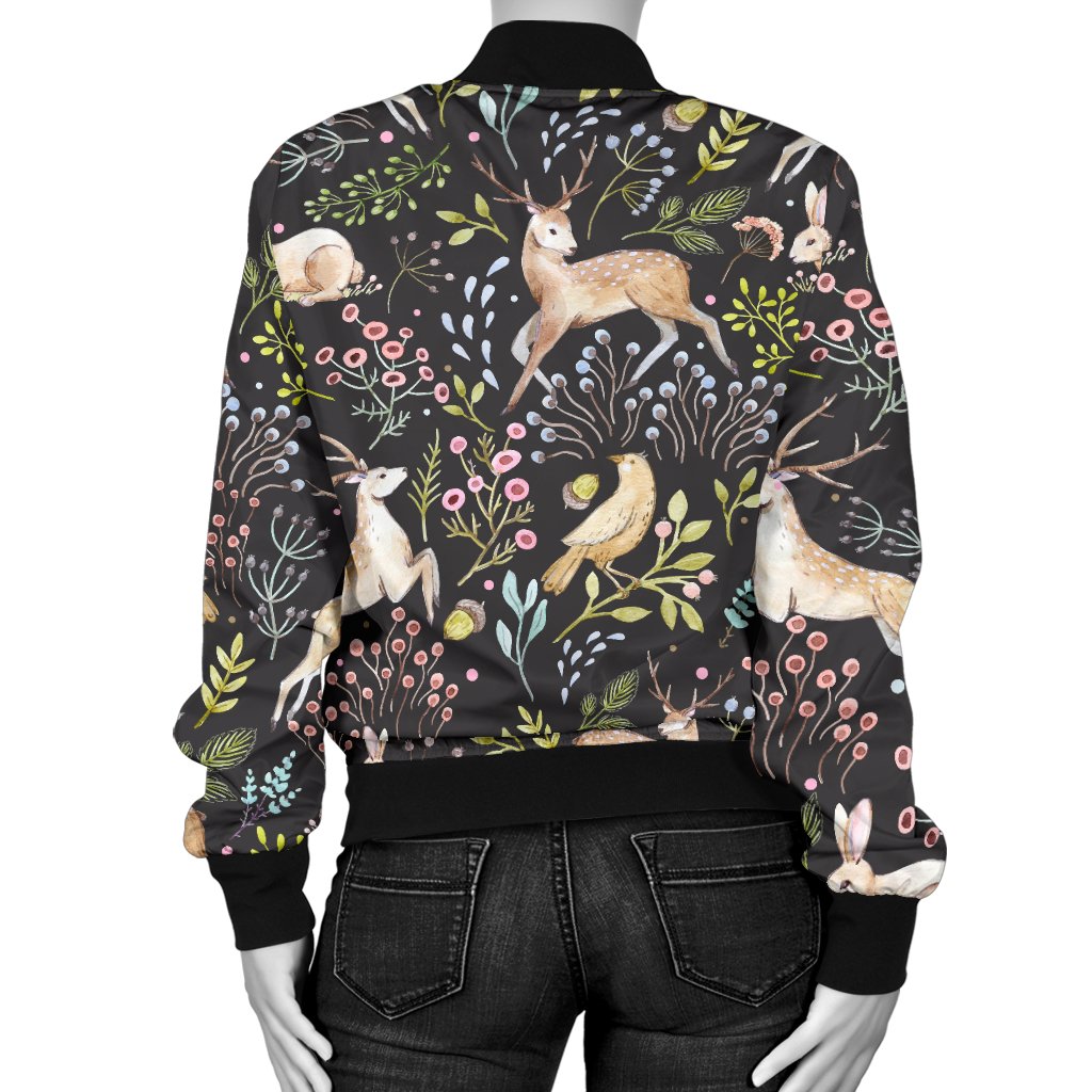 Deer Floral Jungle Women Casual Bomber Jacket