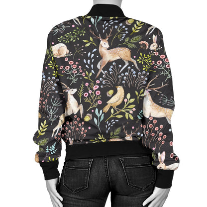 Deer Floral Jungle Women Casual Bomber Jacket
