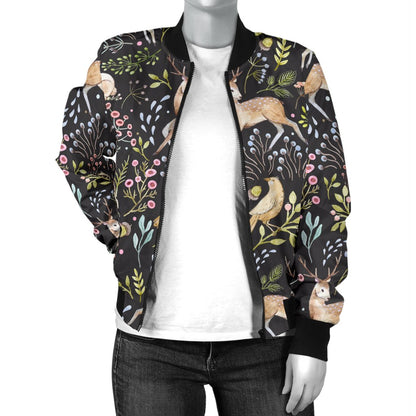 Deer Floral Jungle Women Casual Bomber Jacket