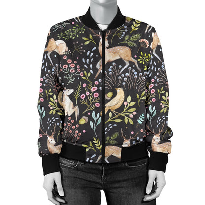 Deer Floral Jungle Women Casual Bomber Jacket
