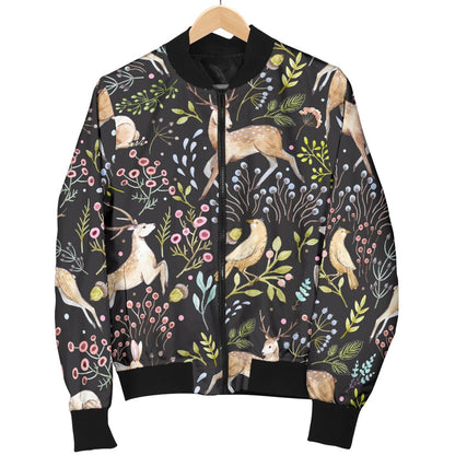 Deer Floral Jungle Women Casual Bomber Jacket