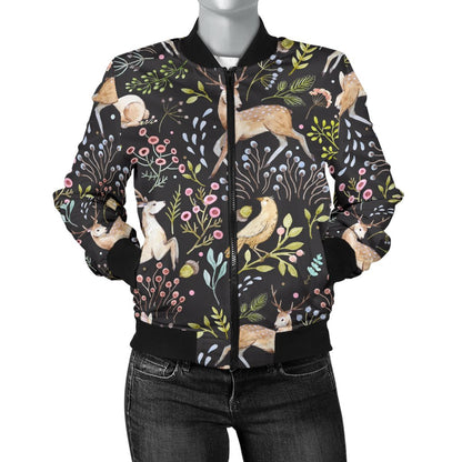 Deer Floral Jungle Women Casual Bomber Jacket