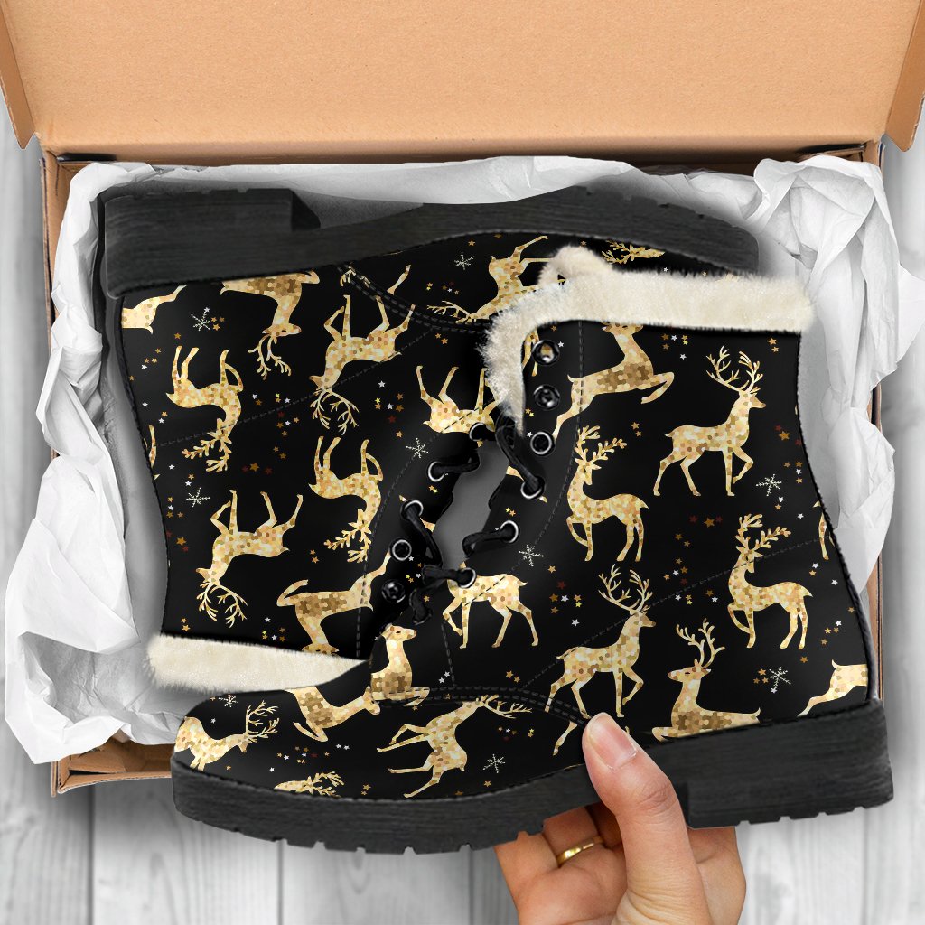 Deer Gold Pattern Faux Fur Leather Boots-JTAMIGO.COM