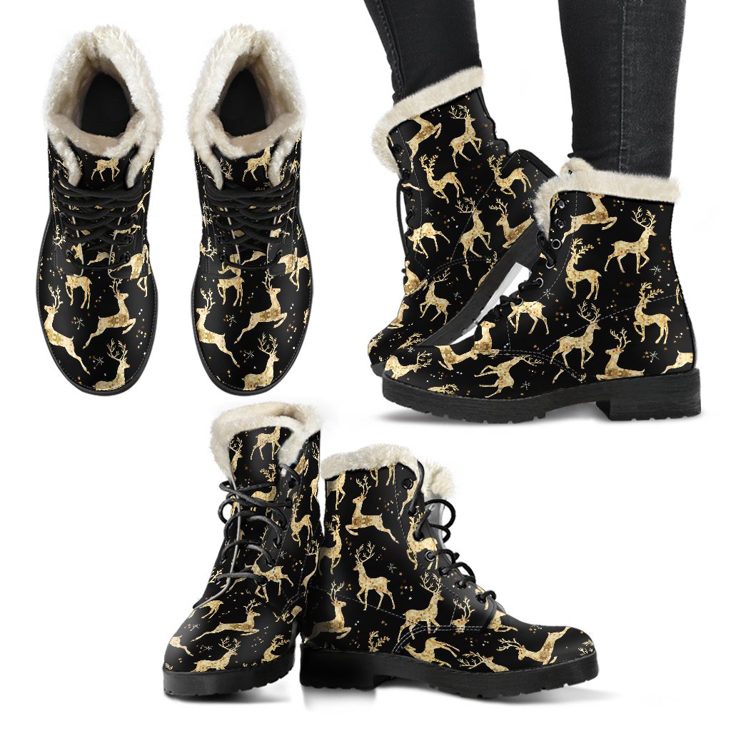 Deer Gold Pattern Faux Fur Leather Boots-JTAMIGO.COM