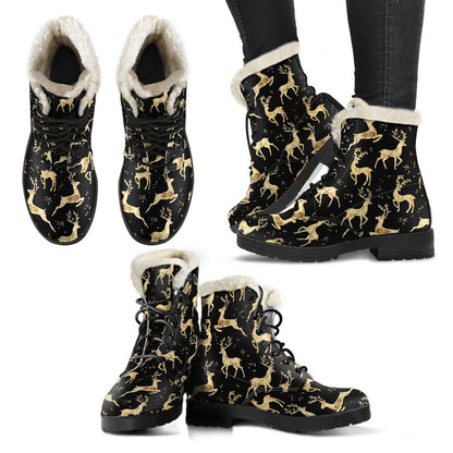 Deer Gold Pattern Faux Fur Leather Boots-JTAMIGO.COM