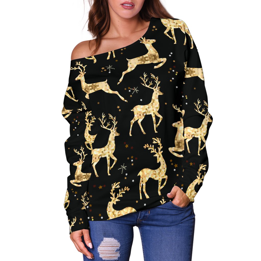 Deer Gold Pattern Off Shoulder Sweatshirt