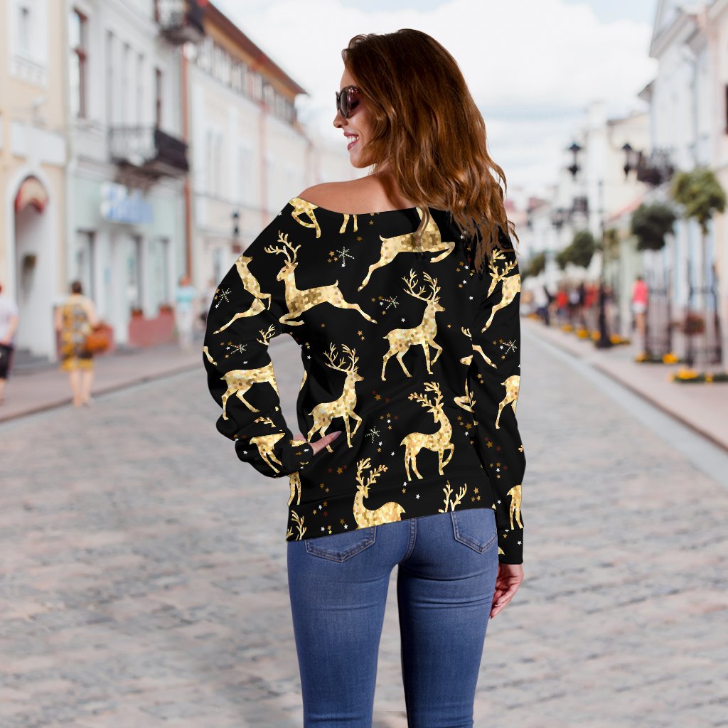 Deer Gold Pattern Off Shoulder Sweatshirt