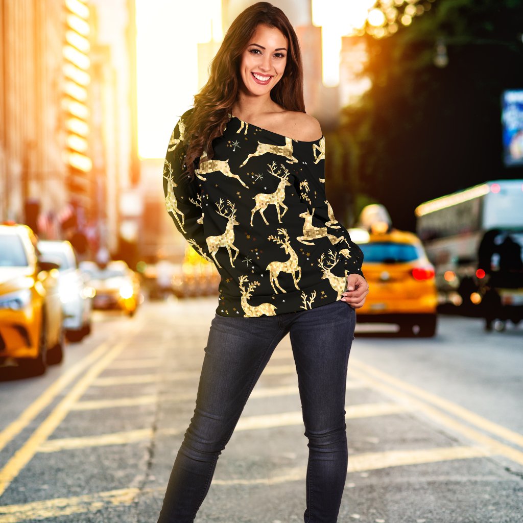 Deer Gold Pattern Off Shoulder Sweatshirt