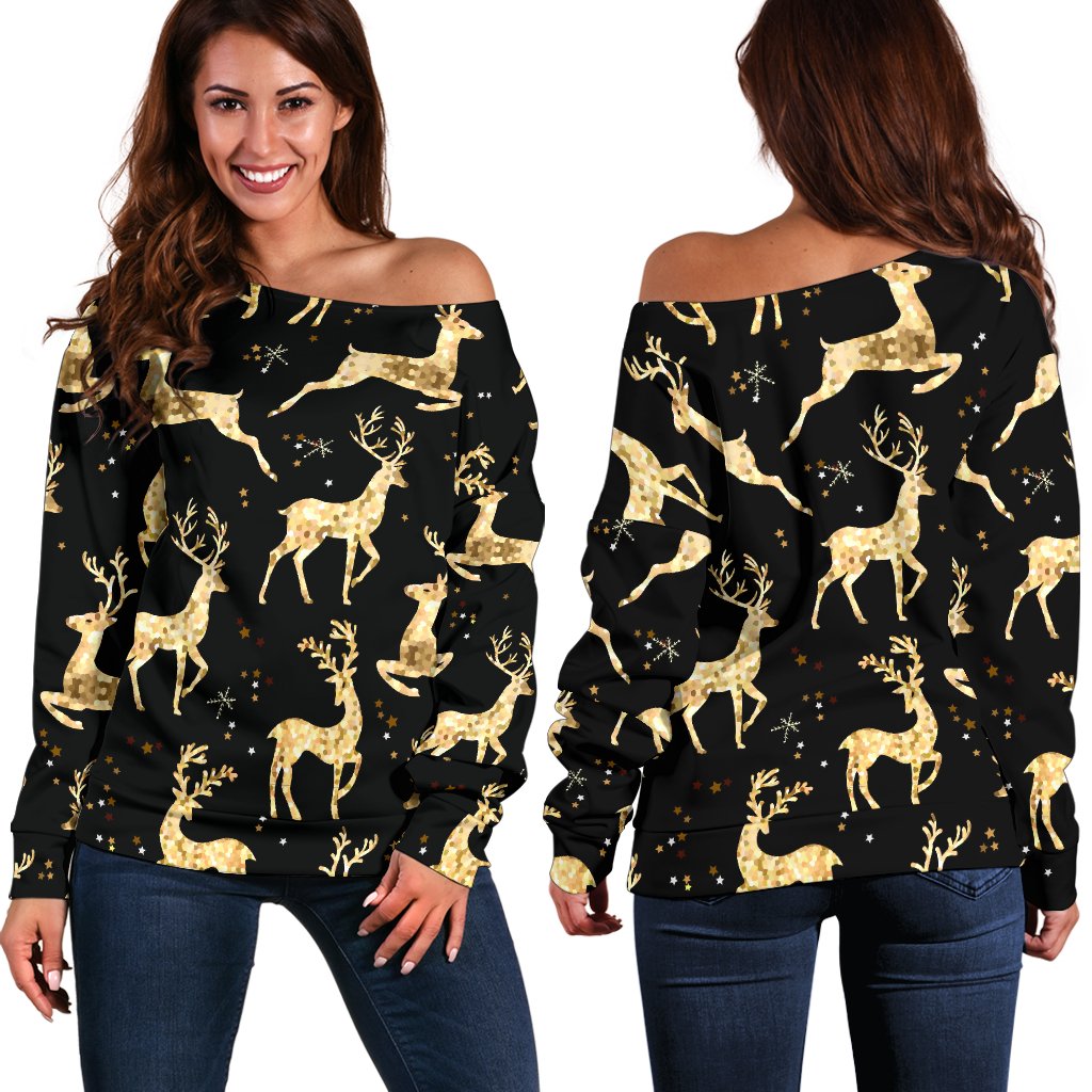 Deer Gold Pattern Off Shoulder Sweatshirt