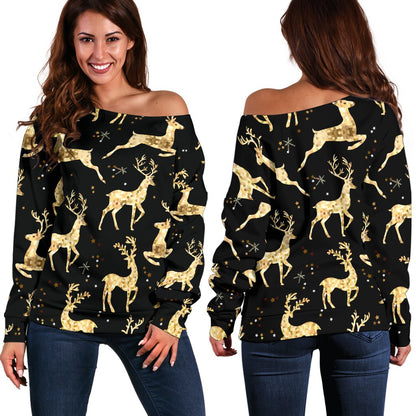 Deer Gold Pattern Off Shoulder Sweatshirt