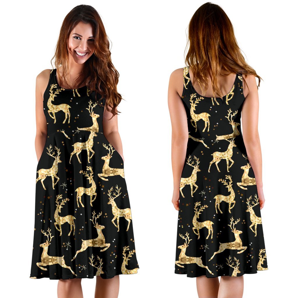 Deer Gold Pattern Sleeveless Dress