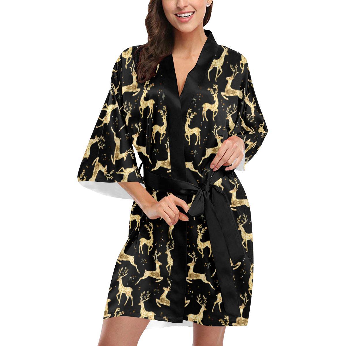 Deer Gold Pattern Women Short Kimono Robe