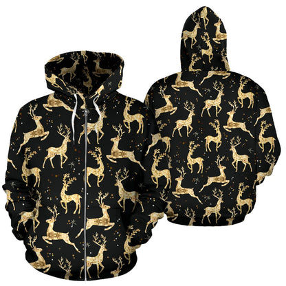 Deer Gold Pattern Zip Up Hoodie