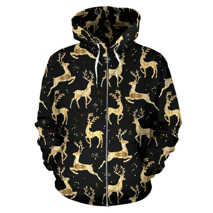 Deer Gold Pattern Zip Up Hoodie