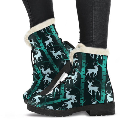 Deer Jungle Print Pattern Faux Fur Leather Boots-JTAMIGO.COM