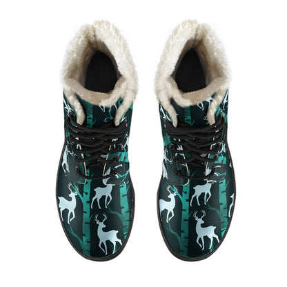 Deer Jungle Print Pattern Faux Fur Leather Boots-JTAMIGO.COM