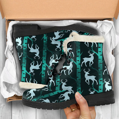 Deer Jungle Print Pattern Faux Fur Leather Boots-JTAMIGO.COM