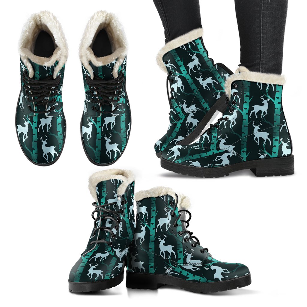 Deer Jungle Print Pattern Faux Fur Leather Boots-JTAMIGO.COM
