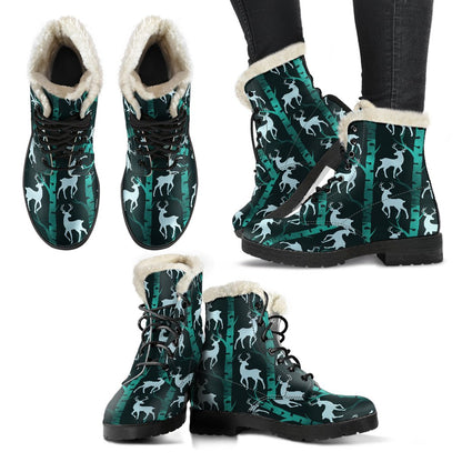 Deer Jungle Print Pattern Faux Fur Leather Boots-JTAMIGO.COM