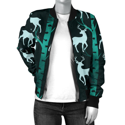 Deer Jungle Print Pattern Women Casual Bomber Jacket