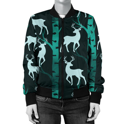 Deer Jungle Print Pattern Women Casual Bomber Jacket