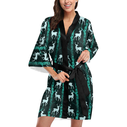Deer Jungle Print Pattern Women Short Kimono Robe