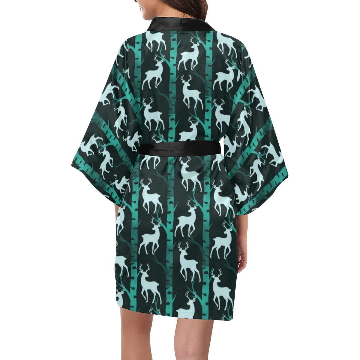 Deer Jungle Print Pattern Women Short Kimono Robe